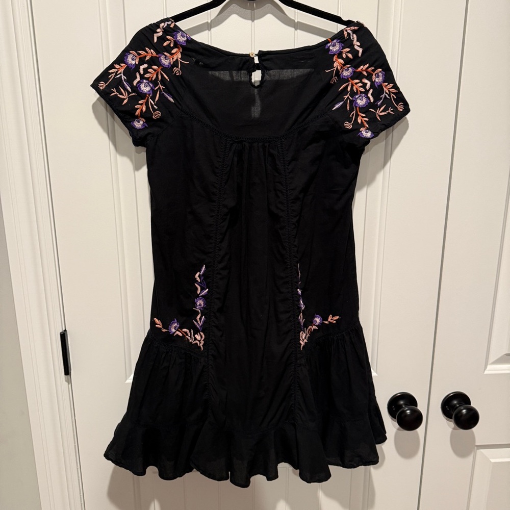 Free People Boho Black Floral Embroidered Off Shoulder Dress - Picture 8 of 12